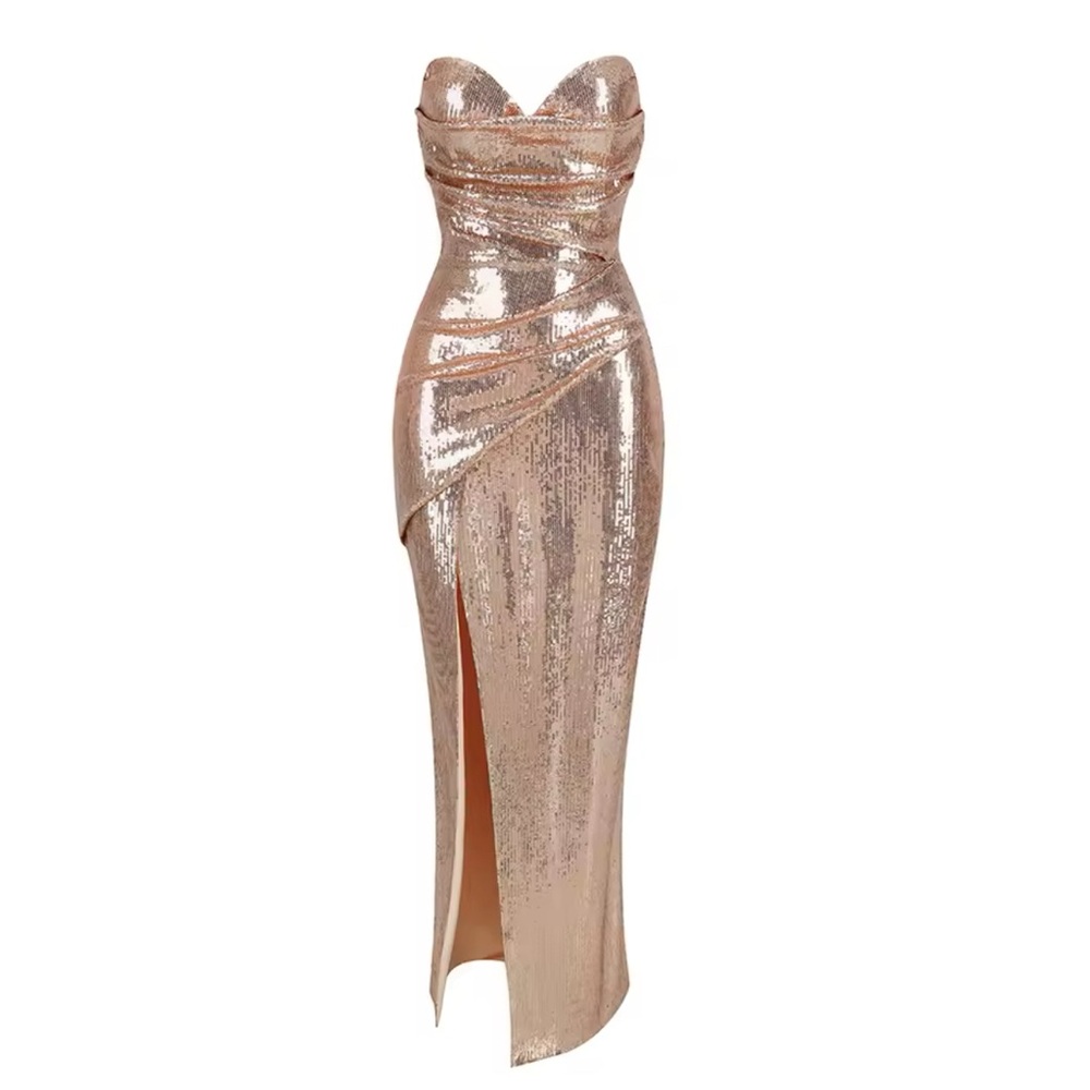 Brand new sexy sequin, bra withback tie-dress, with slit hem